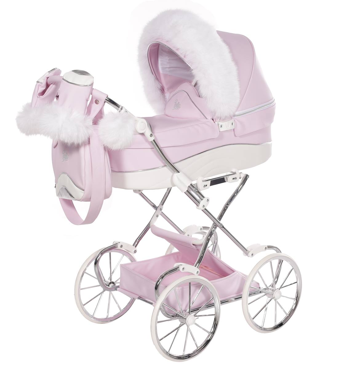 Akcesoria do wózka dla lalek Junama Lulla – futerko na gondolę i mały pomponik, dodające wyjątkowego charakteru zabawie